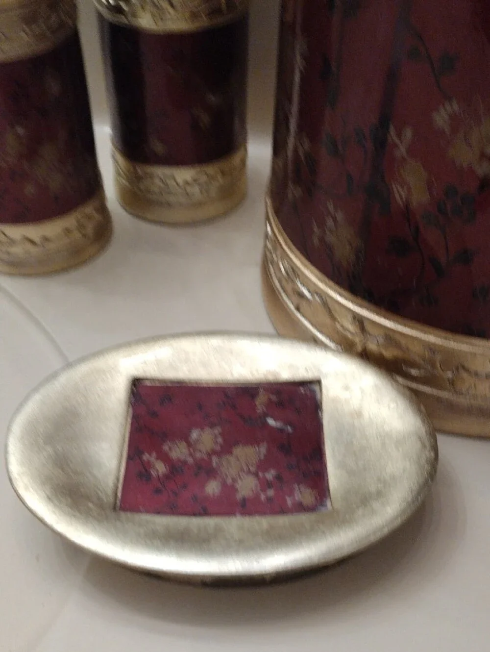 Set of 4 Gold & Burgundy Floral Bathroom Accessory Set lotion, soap dish, tumble